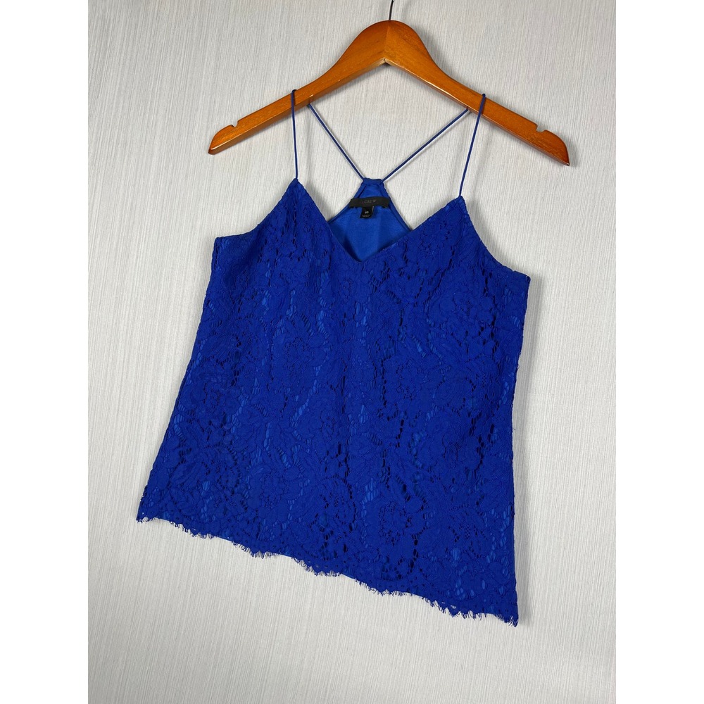 J.Crew Lace Cami Women 00‎ Blue Floral V-Neck Spaghetti Strap Eyelash Hem Luxe